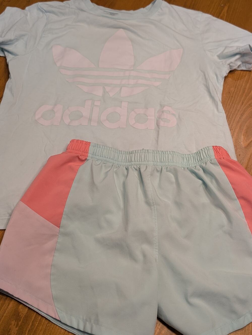 Adidas Running Shorts and Matching Tee, Aqua and Pink, EGU, Youth Lg/14
